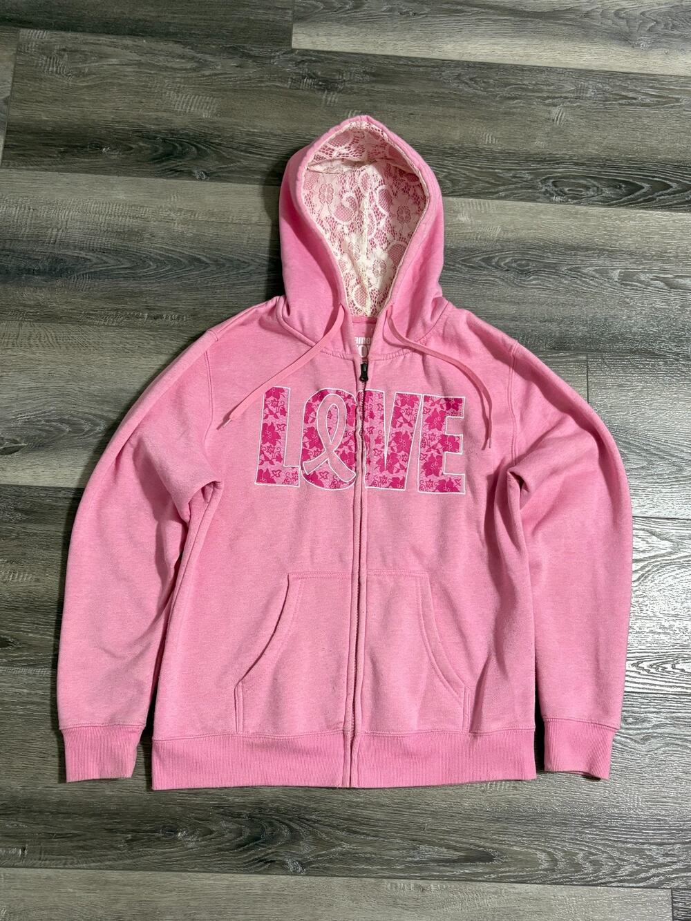 American Crown Love Spellout Lace Hood Zip Up Hoodie Coquette - Women’s Large